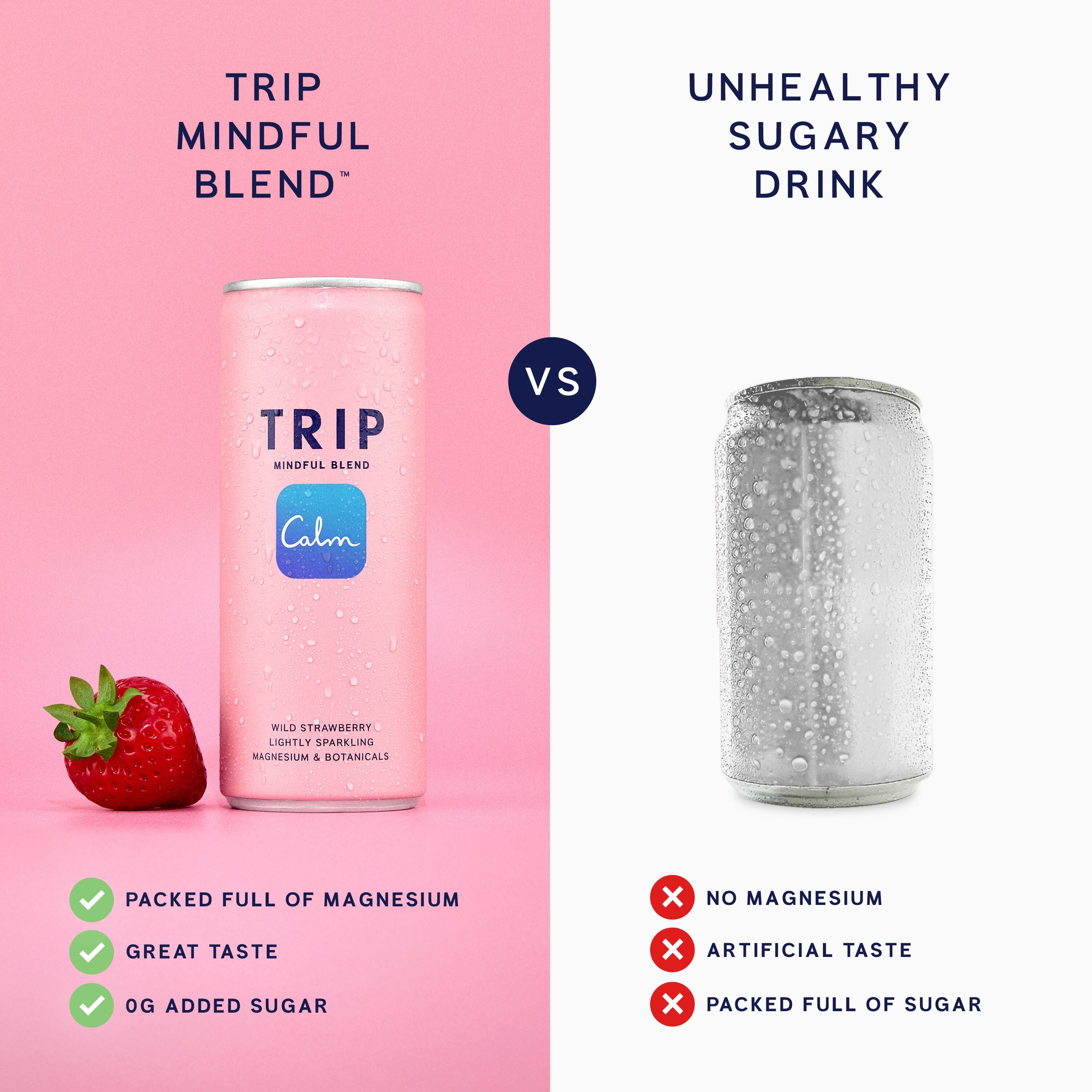Comparison between 'TRIP Mindful Blend' and an unhealthy sugary drink on a pink and white background.
