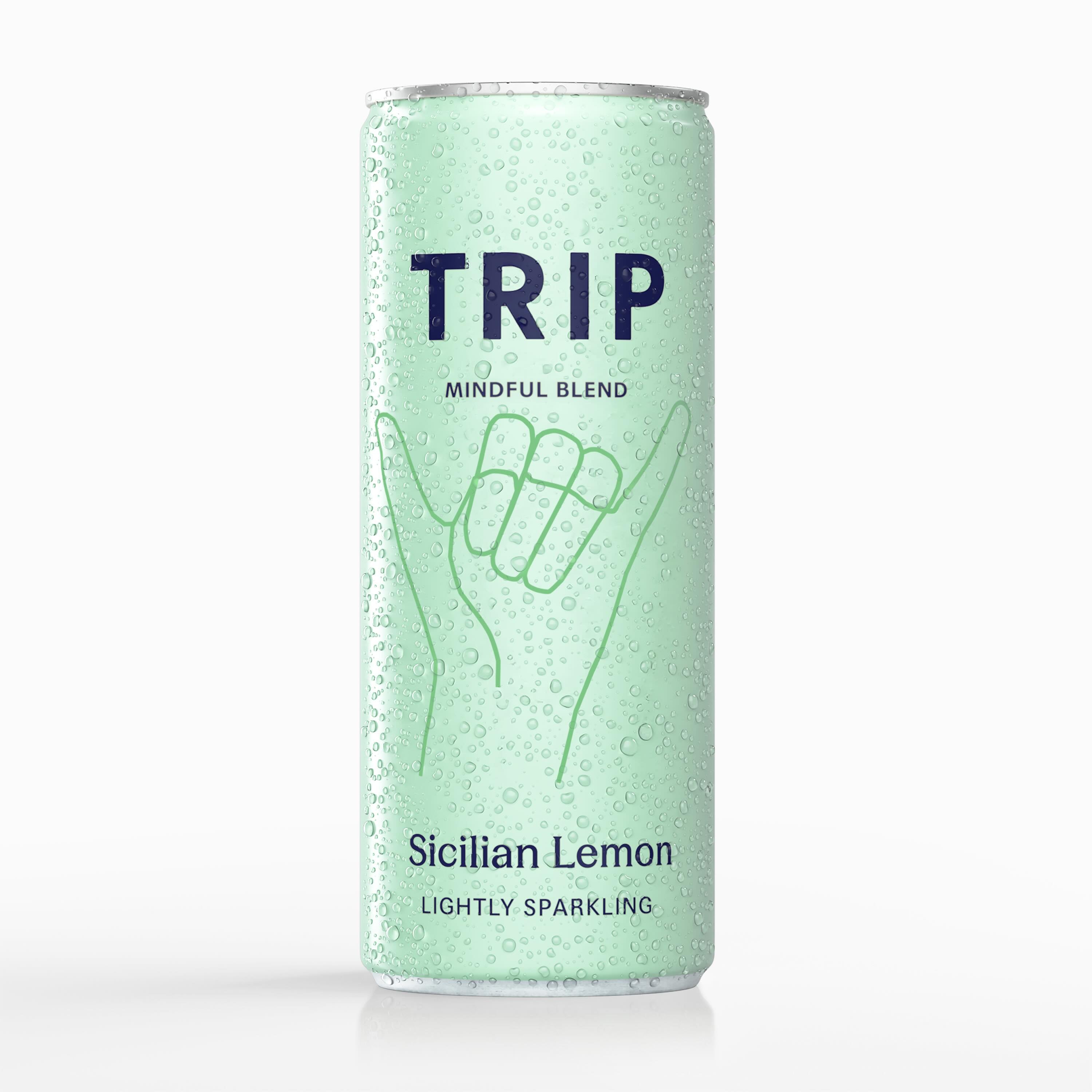 Light green can of 'TRIP' Sicilian Lemon sparkling water on a white background