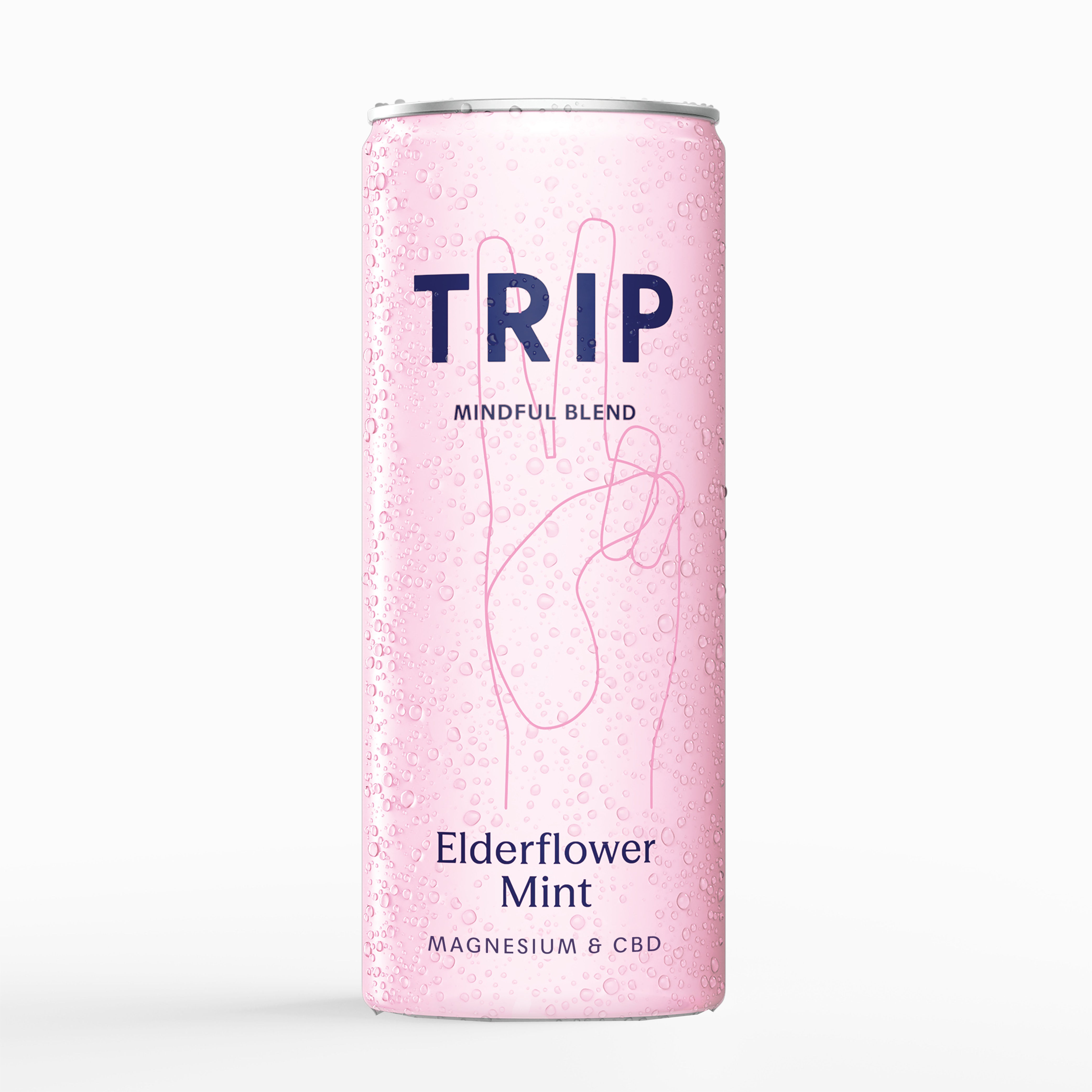 A single pink can of TRIP Elderflower Mint Magnesium drink, shown upright against a clean white background with subtle shadows.